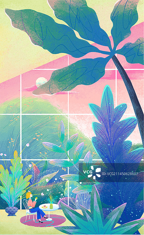 女孩喝着咖啡，望向窗外的景色图片素材