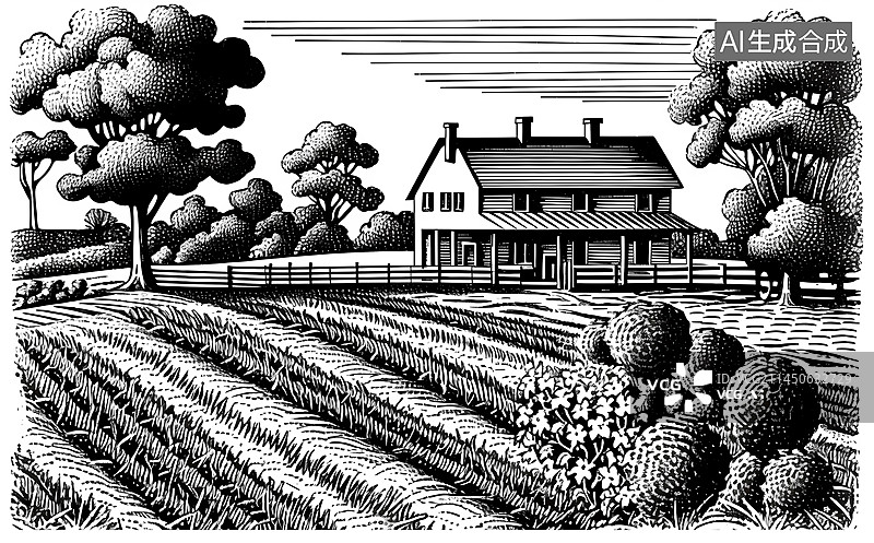 【AI数字艺术】黑白田园风光插画图片素材