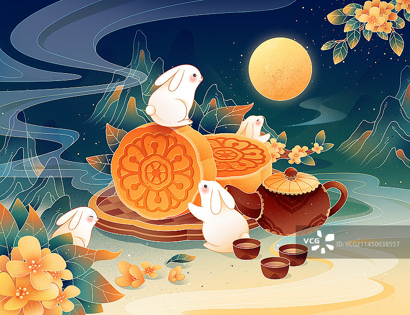 中秋节日兔子赏月国潮风插画图片素材