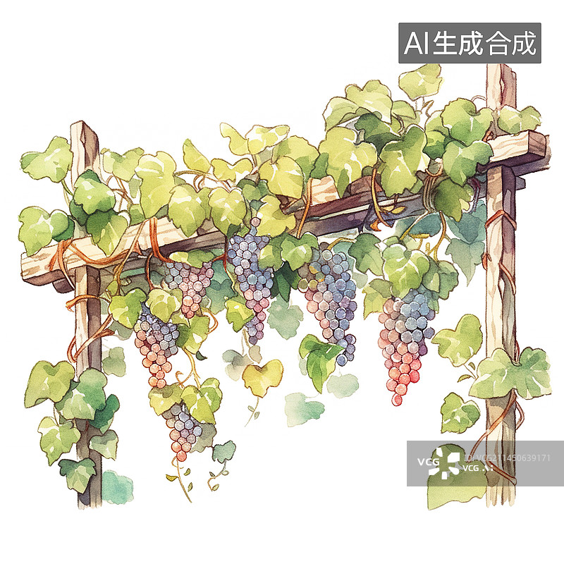 【AI数字艺术】葡萄架水彩插画图片素材