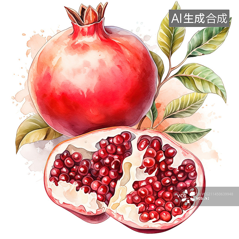 【AI数字艺术】成熟的石榴水彩插画图片素材