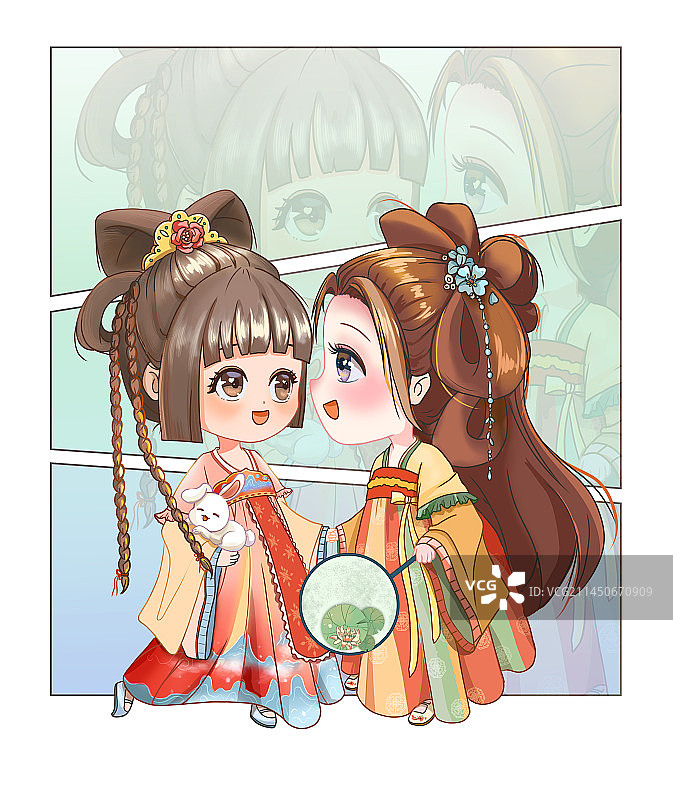 超可爱的Q版人物插画小姐妹图片素材