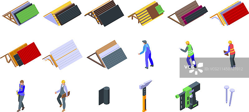 屋顶工人图标等距屋顶维修图片素材