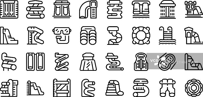 水上乐园滑梯图标集轮廓夏季图片素材