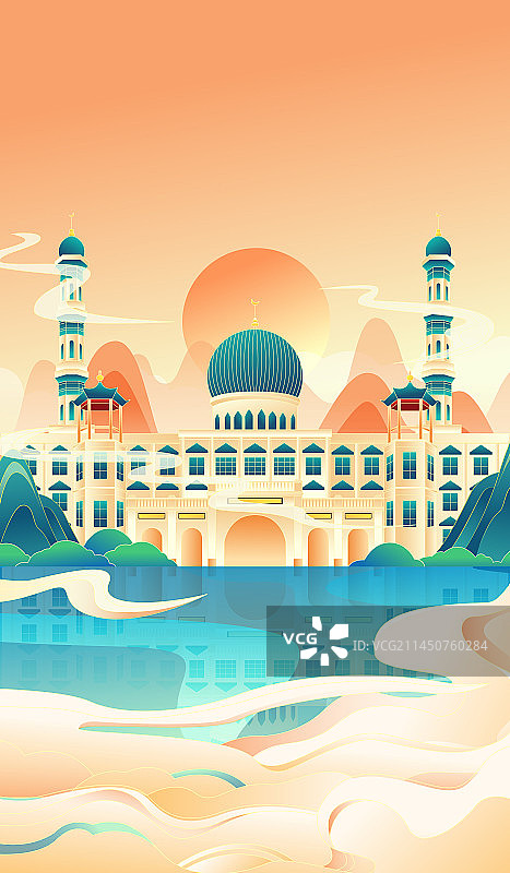 国风西宁城市建筑东关清真寺矢量插画图片素材