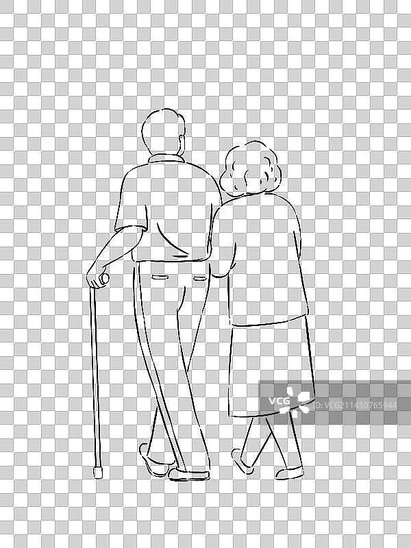老年人情侣手绘线条插画图片素材