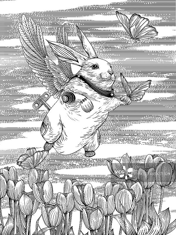 版画风格插画-蝶兔同飞图片素材