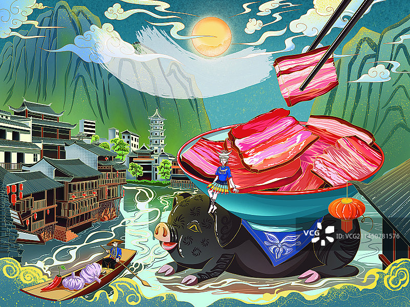 湘西腊肉包装插画图片素材