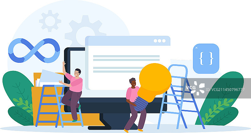 扁平风梯子工人组合图片素材