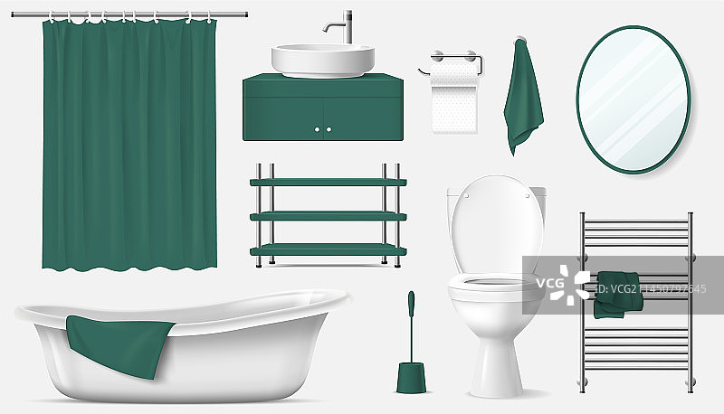 逼真浴室内饰元素套装图片素材