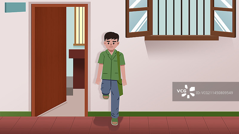 童年往事小时候美好回忆放学后教室走廊男孩小学生窗户外插画图片素材