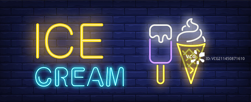 霓虹灯冰淇淋文字与冰淇淋和甜筒图片素材