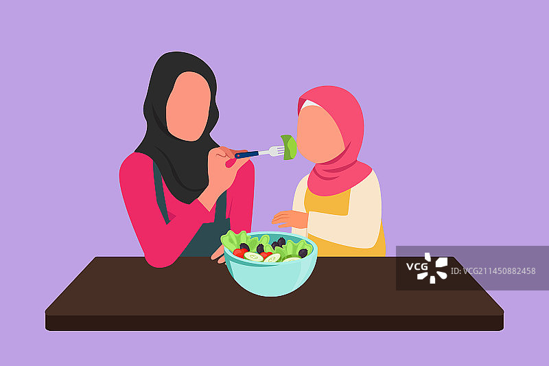 卡通扁平风格绘画：阿拉伯母亲喂食图片素材