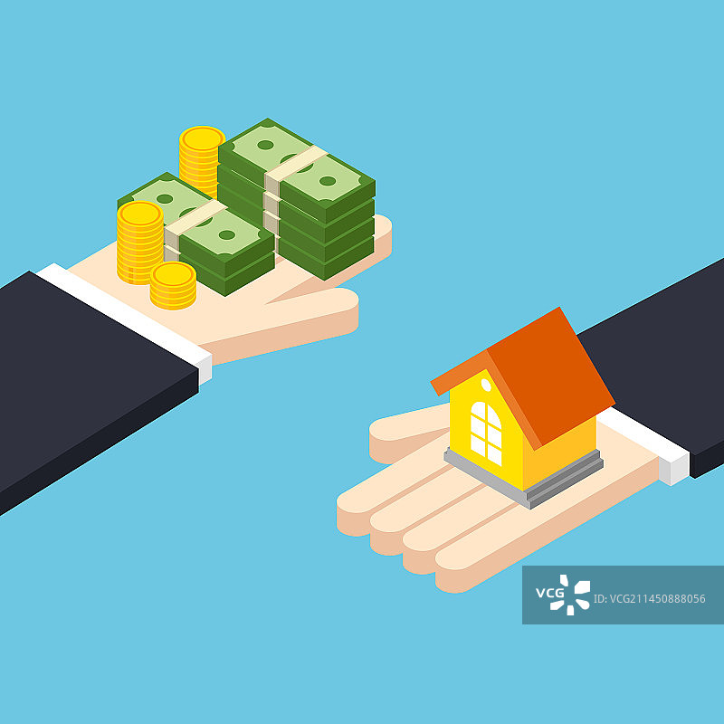2.5D手拿钱和小房子图片素材