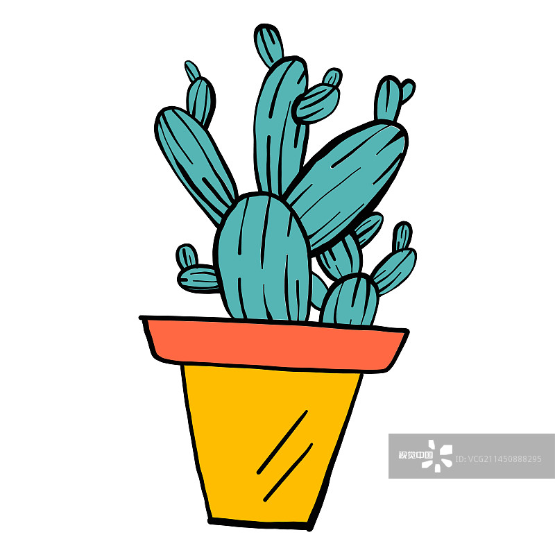 仙人掌盆栽荆棘彩色素描图片素材
