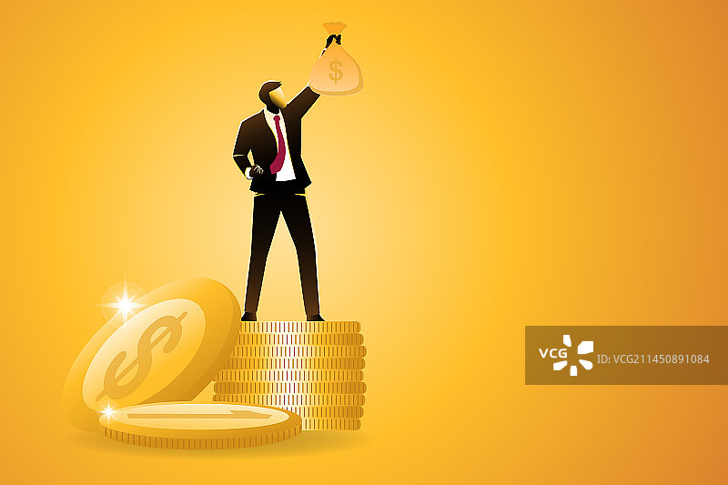 商人站在金币堆上图片素材