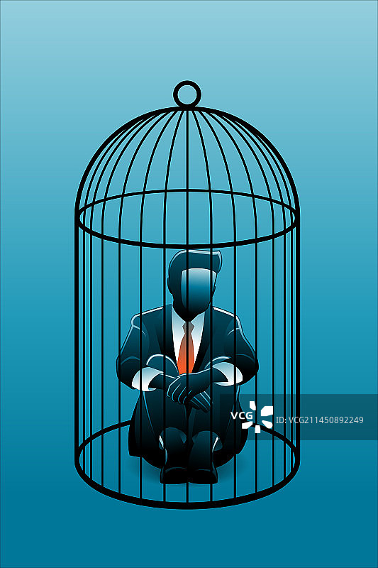 商业概念：商人坐在鸟笼上图片素材