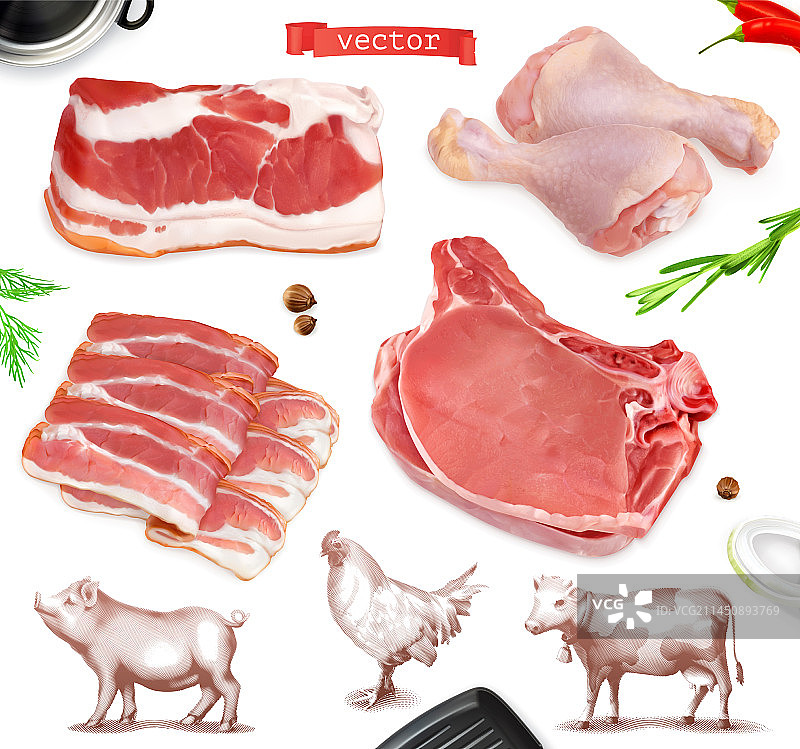 3D逼真肉类食物：牛肉、猪肉、鸡腿图片素材