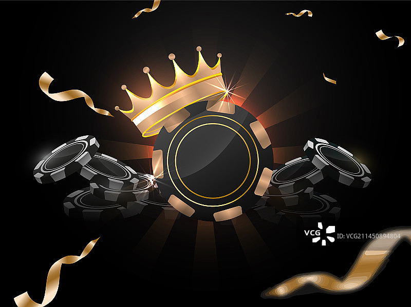 黑色光线背景上的带皇冠的3D赌场筹码图片素材