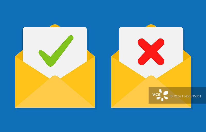 邮件信封中的复选标记，表示确认和拒绝图片素材