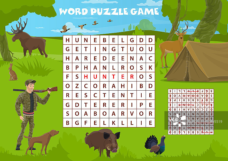 单词搜索益智游戏：狩猎运动与动物图片素材