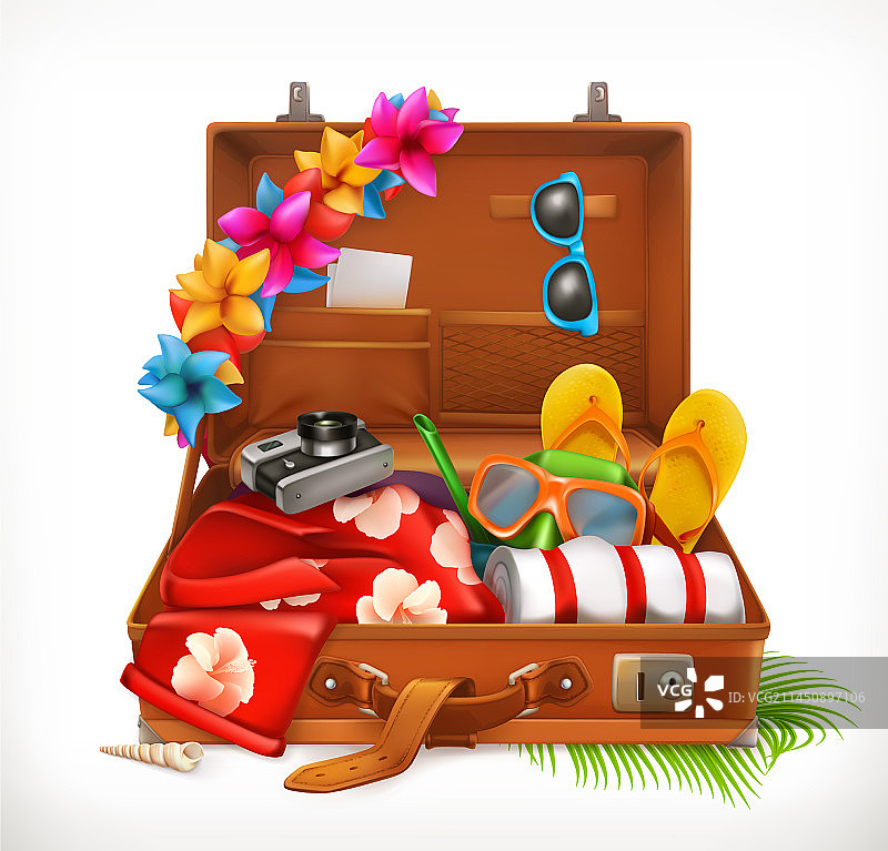 热带假日夏季旅行打开的行李箱图片素材