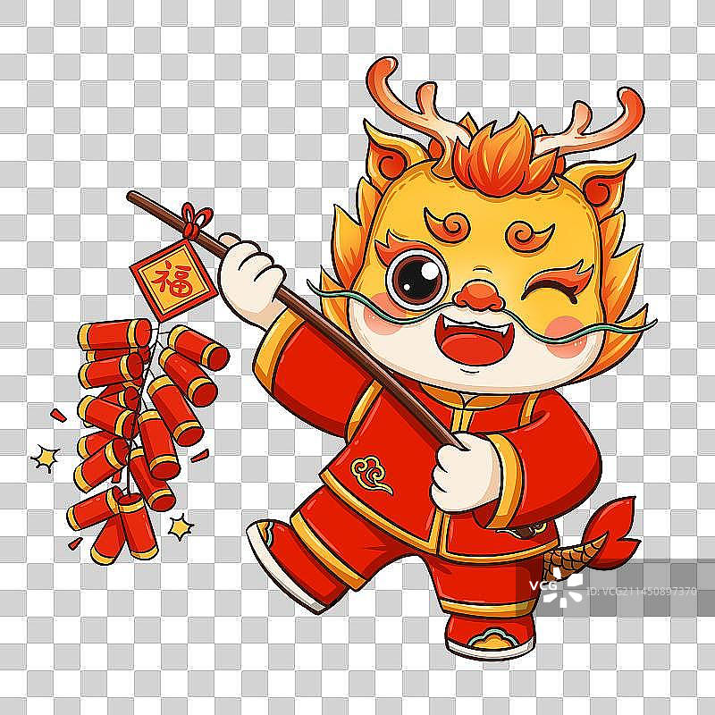 国潮卡通龙年形象放鞭炮庆祝春节图片素材