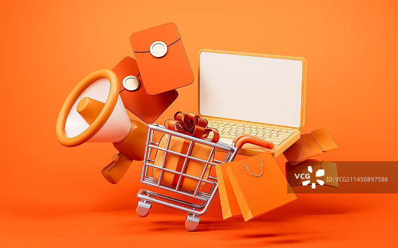 三维卡通购物车购物主题3D渲染图片素材
