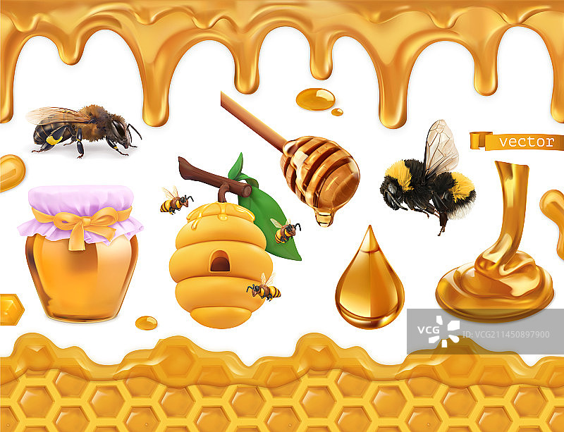 蜂蜜3D逼真套装蜜蜂蜂巢蜂窝掉落图片素材