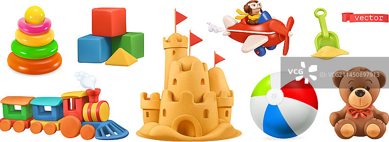 儿童玩具：火车、飞机、城堡、球、立方体、熊3D模型图片素材
