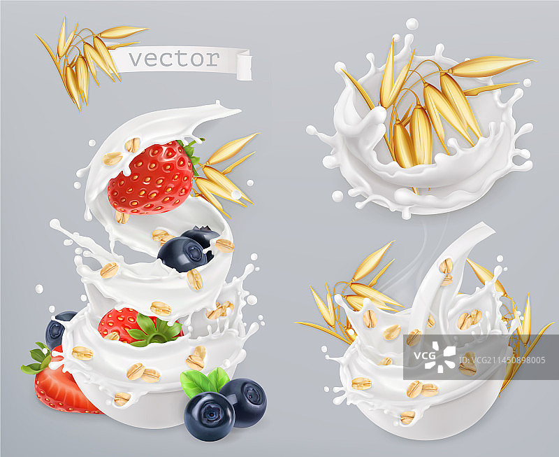 燕麦片、燕麦粒、草莓、蓝莓和牛奶图片素材