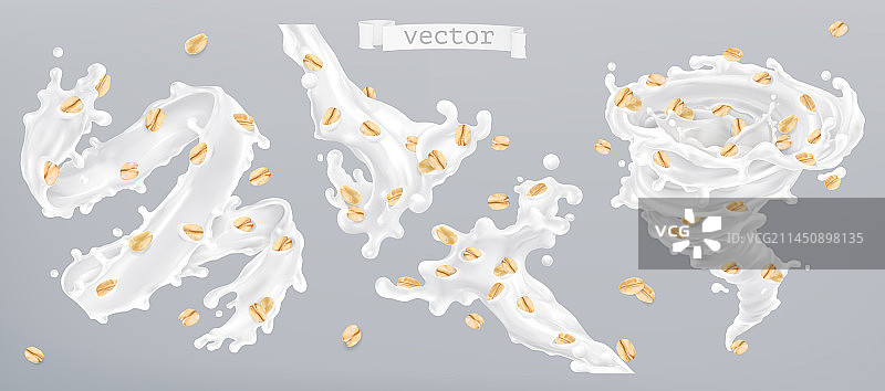 燕麦片和牛奶飞溅3D逼真图标图片素材