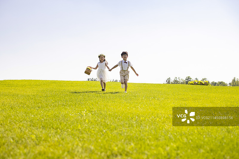 Cute flower girl and ring bearer playing on the grass图片素材