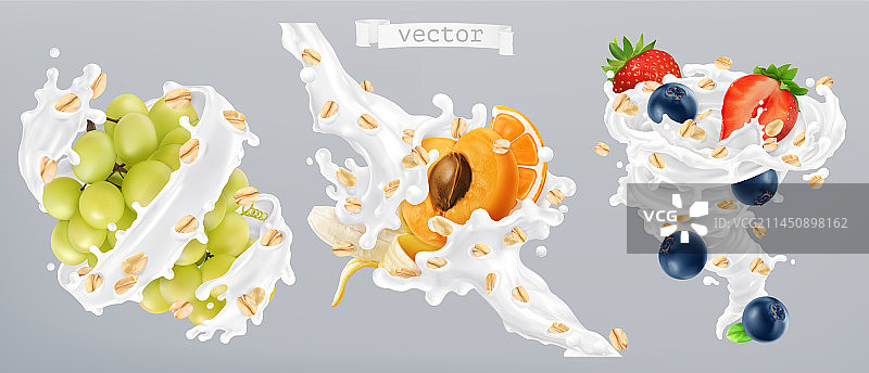 燕麦水果牛奶飞溅3D效果图片素材