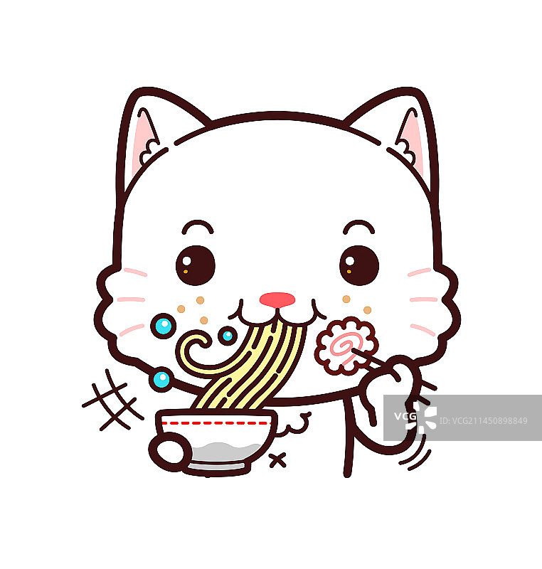 可爱的小白猫吃拉面图片素材