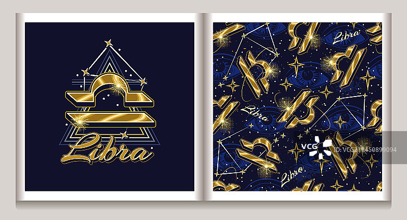 带有金色天秤座图标的图案标签图片素材