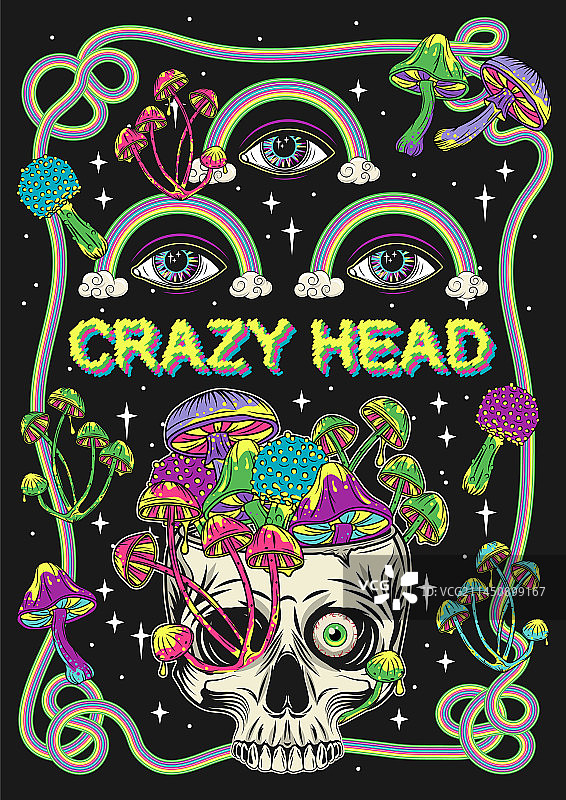 骷髅头第三只眼彩虹蘑菇海报图片素材