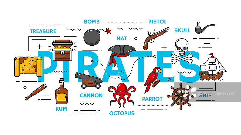 盗版、海盗和私掠船物品轮廓图标图片素材