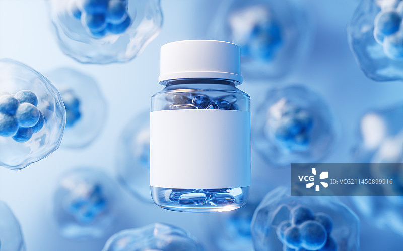药瓶与细胞背景3D渲染图片素材
