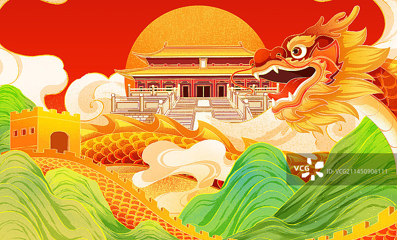春节中国风国朝龙年创意插画图片素材