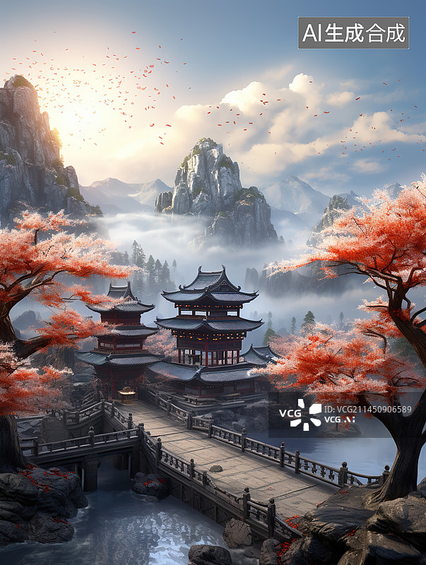 【AI数字艺术】中式风格传统国风建筑园林阁楼图片素材