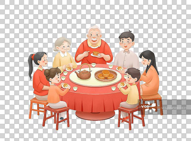 中秋节一家人一起聚餐喝茶吃月饼图片素材