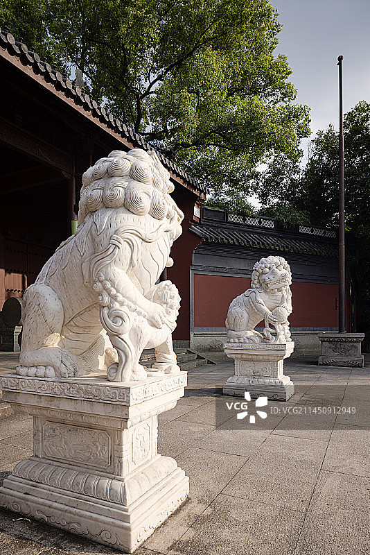 一对白色汉白玉石狮图片素材