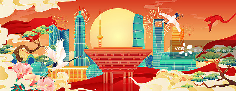 盛世华诞74周年国庆节上海城市矢量插画海报图片素材
