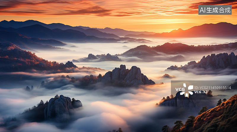 【AI数字艺术】山景的日出和薄雾全景图片素材