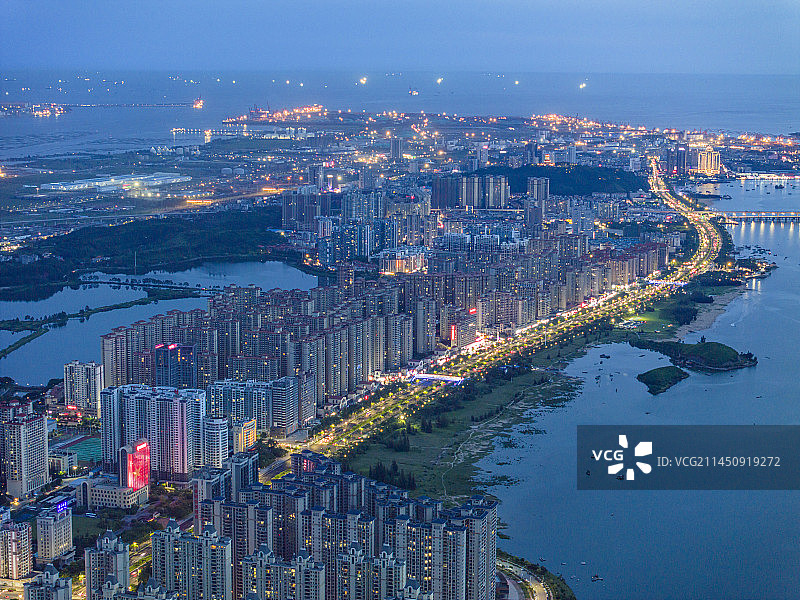 广西防城港市区夜景航拍图片素材