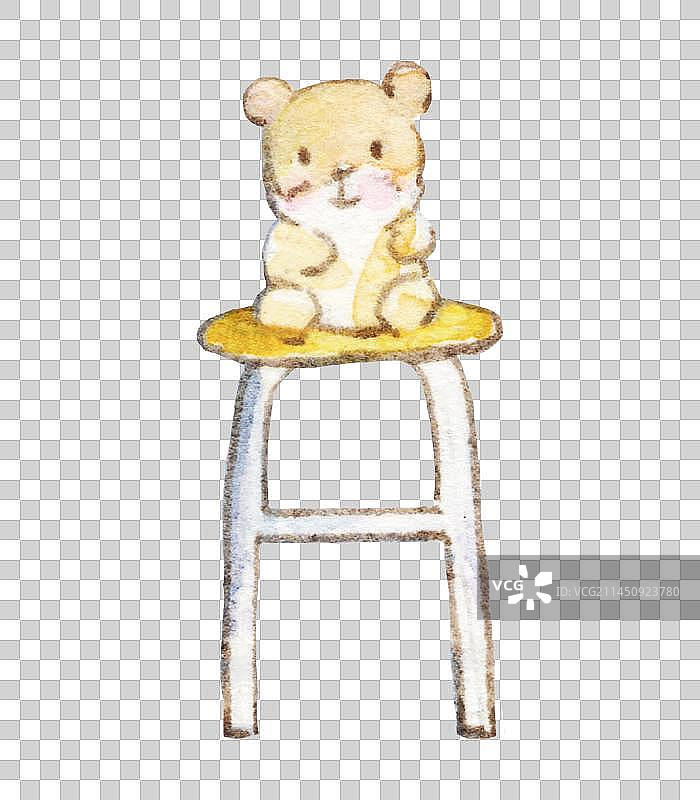 水彩手绘一个可爱的小动物玩偶坐在一个高脚凳子上图片素材