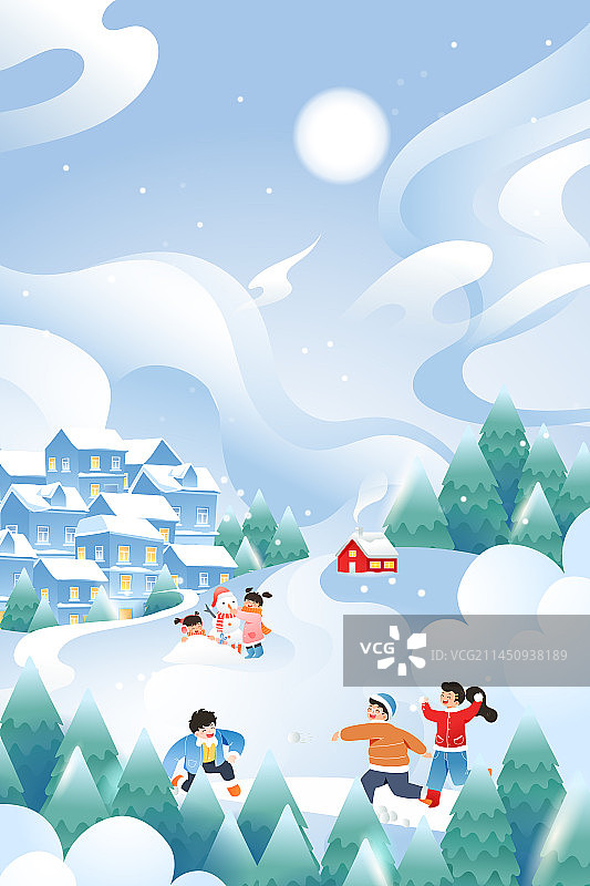 卡通冬季冬天立冬大雪小雪冬至节气圣诞节平安夜家人情侣学生朋友露营生活亲子游自驾游自然风景渐变矢量插画图片素材