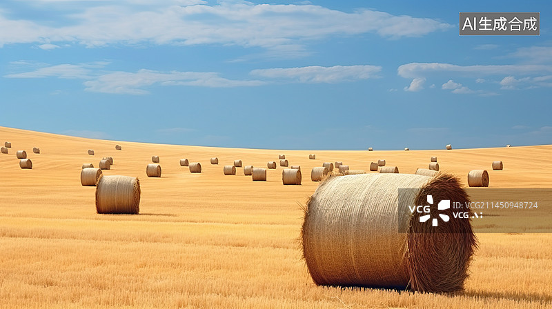 【AI数字艺术】小清新风格秋天田野麦田丰收插画图片素材