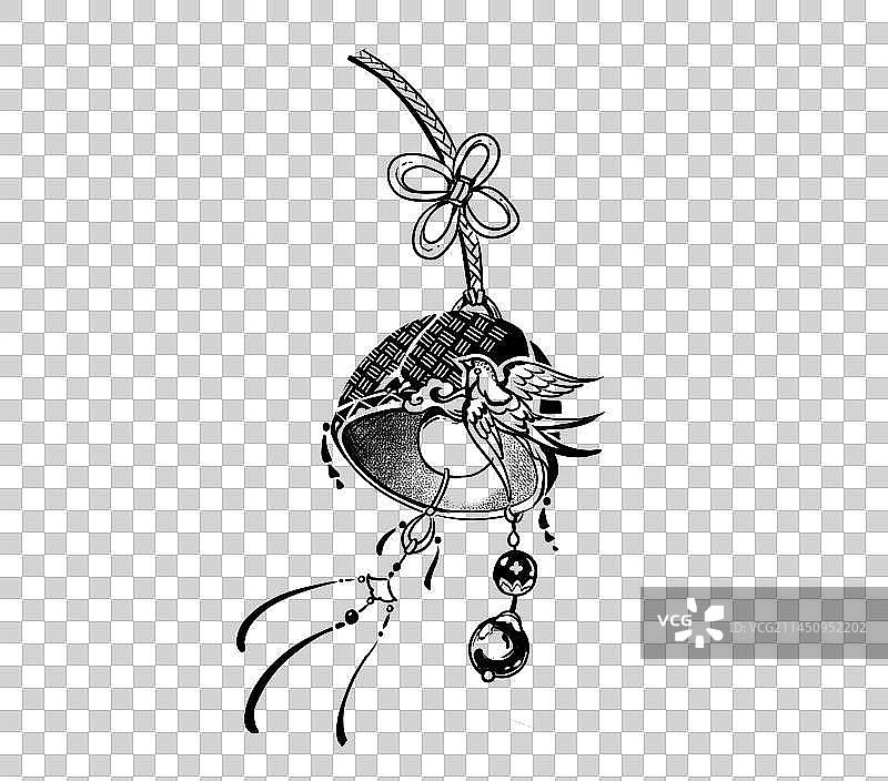 黑白线条古风风铃插画图片素材